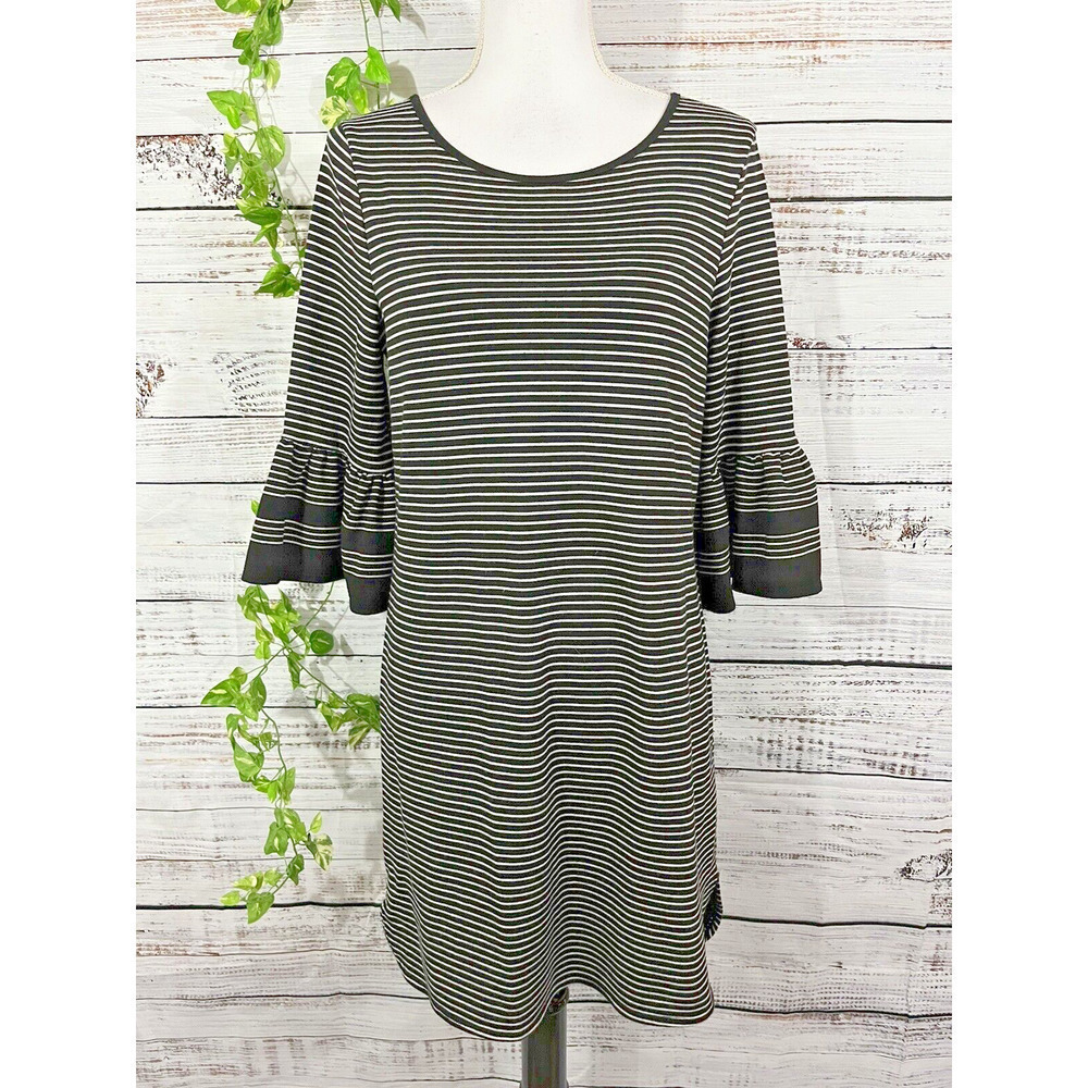 Max Studio Dress size Small Black White Striped Stretch Jersey Ruffle Sleeves